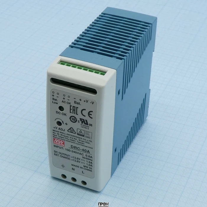 DRC-40A, AC-DC с функцией UPS, 40Вт, вход 90...264В АС/127...370В DC, выход1: 13.8В/0…2.9 (1.9 ном.) А, выход зарядного устройства 13.8В/1А, изоляция 3000В АС, в корпусе 40х90х100мм, -30...+70°С