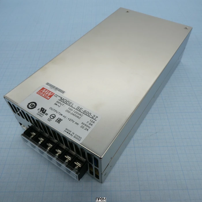 SE-600-27, AC-DC, 600Вт, вход 180...264VAC, 47...63Гц / 254...370VDC, , выход 27В/0…22.2A, рег. вых=-5+10%Uном, изоляция 3000В AC, в кожухе 247x127х63.5мм, -20…+60°С