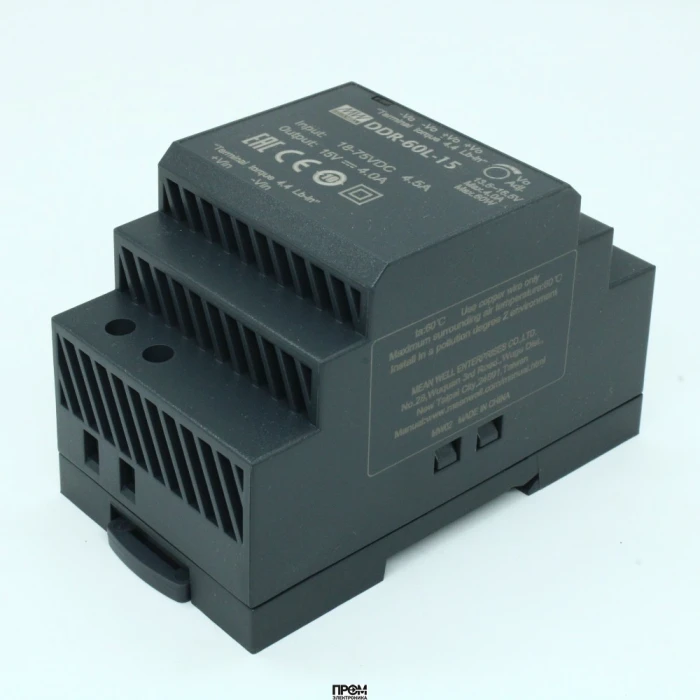 DDR-60L-15, DC-DC, 60Вт, вход 18…75 В DC, выход 15В/4А, изоляция 4000В DC, в кожухе на DIN-рейку, 52.5х90х54.5мм, -40...+85°С