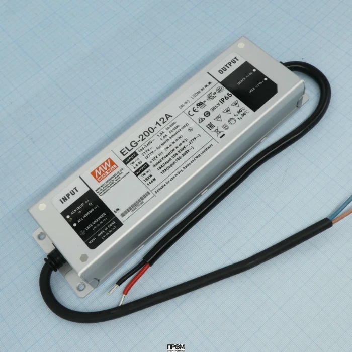 ELG-200-12A, AC-DC, 192Вт, IP65, вход 100…305В AC, 47…63Гц/142…431В DC, ККМ, выход 6…12В/16А, изоляция 3750В AC, в кожухе 244х71х37.5мм, -40…+85°С (корпус), потенциометры