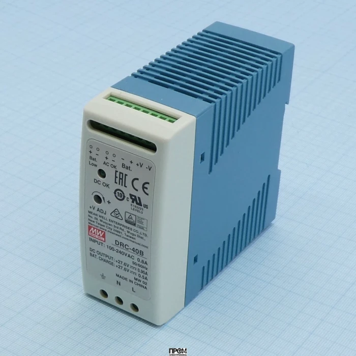 DRC-40B, AC-DC с функцией UPS, 40Вт, вход 90...264В АС/127...370В DC, выход1: 27.6В/0…1.45 (0.95 ном.) А, выход зарядного устройства 27.6В/0.5А, изоляция 3000В АС, в корпусе 40х90х100мм, -30...+70°С