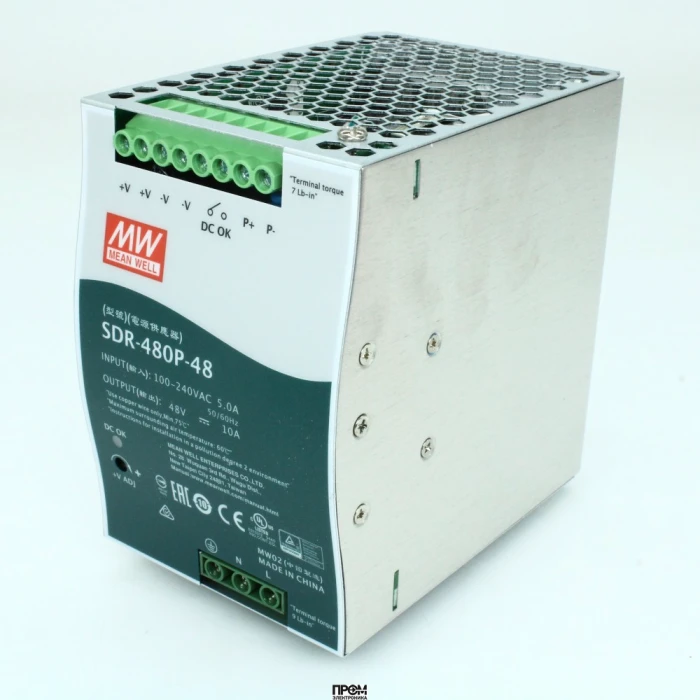 SDR-480P-48, Преобразователь AC-DC на DIN-рейку 480Вт, выход 48В/0...10A, рег.вых=48...55В, вход 90…264VAC, 47…63Гц / 127…370VDC, изоляция 3000V AC, в кожухе : 85.5х125.2х128.5мм, -25…+70°С, возможность параллельного подключения