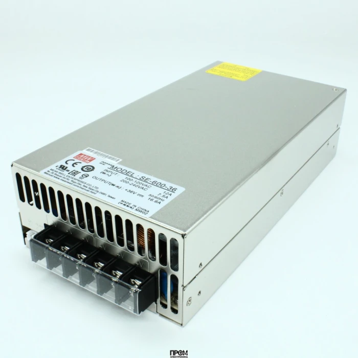 SE-600-36, AC-DC, 600Вт, вход 180...264VAC, 47...63Гц / 254...370VDC, , выход 36В/0…16.6A, рег. вых=-5+10%Uном, изоляция 3000В AC, в кожухе 247x127х63.5мм, -20…+60°С