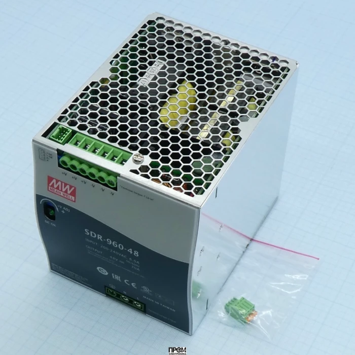 SDR-960-48, Преобразователь AC-DC на DIN-рейку 960Вт, ККМ, выход 48В/20A, рег. вых 48…55В, вход 180…264В AC, 47…63Гц/254...370В DC, изоляция 3000В AC, в кожухе 110х125.2х150мм, -30…+70°С