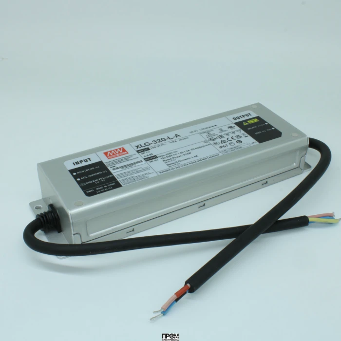 XLG-320-L-A, AC-DC, 315Вт, стабилизатор тока, IP67, вход 100…305В AC, 47…63Гц, ККМ, выход 1400(500…1400)мА/150…300В, изоляция 3750В AC, в кожухе 246х77х39.5мм, -40…+85°С (корпус), встр. потенциометр