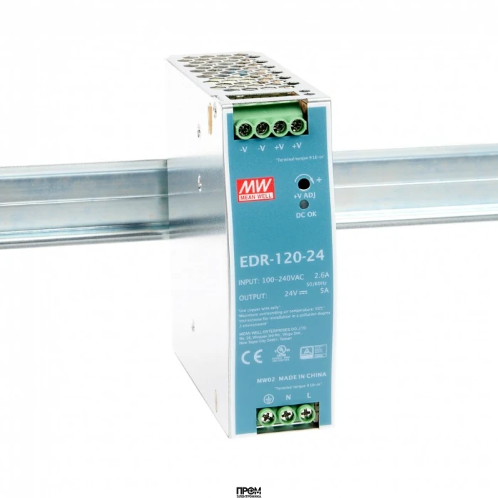 EDR-120-24, AC-DC, 120Вт, вход 90…264V AC, 47…63Гц /127…370В DC, выход 24В/5A, рег. вых 24…28В, изоляция 3000В AC, в кожухе на DIN-рейку 40х125.2х102мм, -20…+60°С