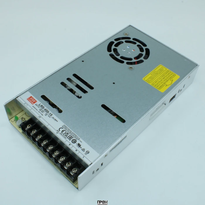 LRS-450-15, AC-DC, 450Вт, вход 90…264В AC (переключатель), 47…63Гц, выход 15В/30A, рег.вых=14.25…16.5В, изоляция 3000В AC, в кожухе 225х124х35мм, -25…+70°С