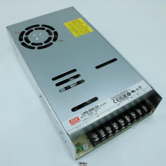 LRS-600-24, AC-DC, 600Вт, вход 90…264В AC (переключатель), 47…63Гц, выход 24В/25A, рег.вых=22.8…26.4В, изоляция 3000В AC, в кожухе 225х124х41мм, -20…+65°С