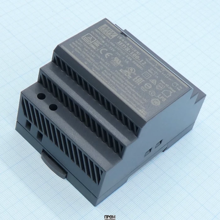 HDR-100-12, AC-DC, 85.2Вт, вход 85...264 В AC 47...63Гц/120...370В DC, выход 12В/7.1А, рег. выхода 12…13В, изоляция 3000В AC, в кожухе на DIN-рейку, 70х90х54.5мм, -30...+70°С