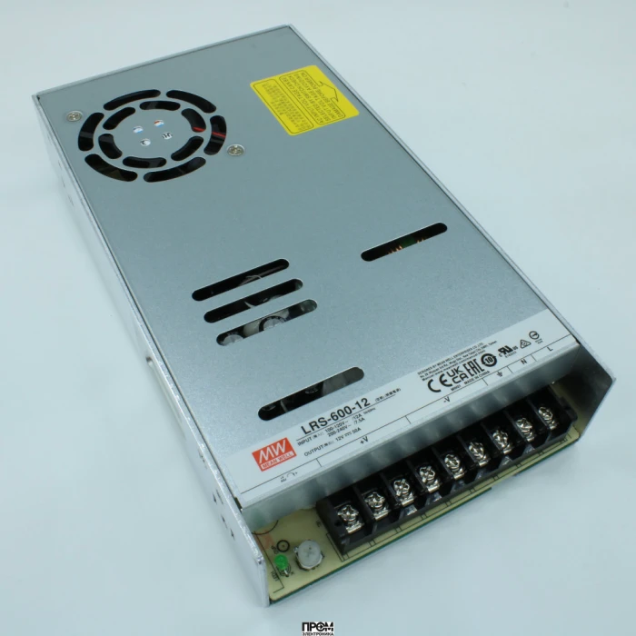 LRS-600-12, AC-DC, 600Вт, вход 90…264В AC (переключатель), 47…63Гц, выход 12В/50A, рег.вых=11.4…13.2В, изоляция 3000В AC, в кожухе 225х124х41мм, -20…+65°С