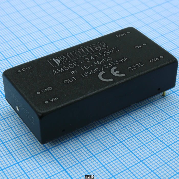AM50E-2415SVZ, DC/DC, 50Вт, вход 18…36В, выход 15В/3.333А, изоляция 1500В DC, КПД 91%, максимальная емкостная нагрузка не более 2000мкФ, вход On/Off, 2x1", 50.8x25.4x11.8мм, -40…85°C, металл