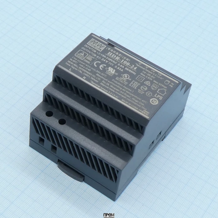 HDR-100-24, AC-DC, 92Вт, вход 85...264 В AC 47...63Гц/120...370В DC, выход 24В/3.83А, рег. выхода 24…25.5В, изоляция 3000В AC, в кожухе на DIN-рейку, 70х90х54.5мм, -30...+70°С