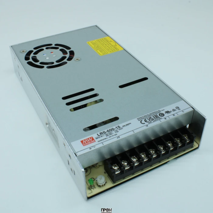 LRS-600-15, AC-DC, 600Вт, вход 90…264В AC (переключатель), 47…63Гц, выход 15В/40A, рег.вых=14.25…16.5В, изоляция 3000В AC, в кожухе 225х124х41мм, -20…+65°С