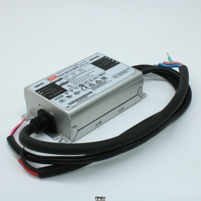 XLG-50-H-DA2, AC-DC, 50Вт, вход 90…305В AC, 47…63Гц/127…431В DC, выход 27…56В/1050мА, рег. вых 500…1400мА, изоляция 3750В AC, в корпусе 105х63х30мм, -40…+85°С, DALI-2 димминг