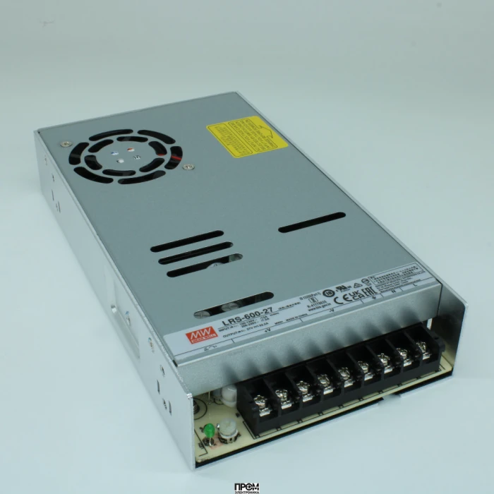 LRS-600-27, AC-DC, 599.4Вт, вход 90…264В AC (переключатель), 47…63Гц, выход 27В/22.2A, рег.вых=25.65…29.7В, изоляция 3000В AC, в кожухе 225х124х41мм, -20…+65°С