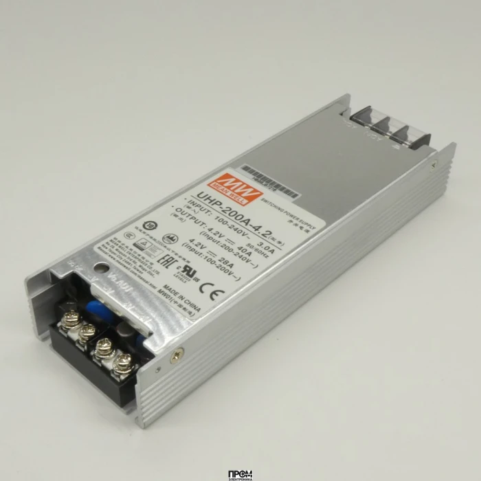 UHP-200A-4.2, AC-DC, 168Вт, вход 100…264В AC, 47…63Гц, выход 4.2В/40A, ККМ, рег. вых 4…4.4В, изоляция 3000В AC, в кожухе 167х55х26мм, -30…+50°С