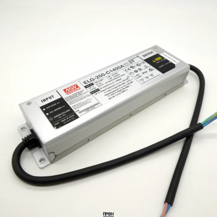 ELG-200-C1400A-3Y, AC-DC, 198.8Вт, IP65, вход 100…305В AC, 47…63Гц/142…431В DC, ККМ, выход 71...142В/1400мА, изоляция 3750В AC, в кожухе 244х71х37.5, -40…+85°С (корпус), потенциометры, с проводом заземления