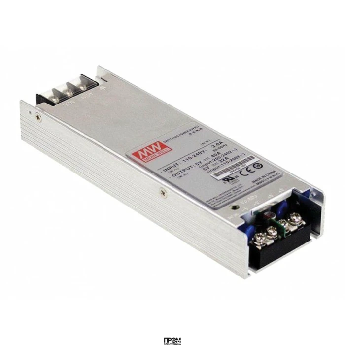 UHP-200A-5, AC-DC, 200Вт, вход 100…264В AC, 47…63Гц, выход 5В/40A, ККМ, рег. вых 4.7…5.3В, изоляция 3000В AC, в кожухе 167х55х26мм, -30…+50°С