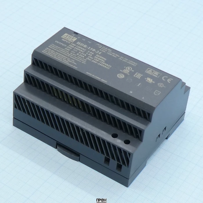 HDR-150-24, AC-DC, 150Вт, вход 85...264 В AC 47...63Гц/120...370В DC, выход 24В/6.25А, рег. выхода 21.6…29В, изоляция 3000В AC, в кожухе на DIN-рейку, 105х90х54.5мм, -30...+70°С