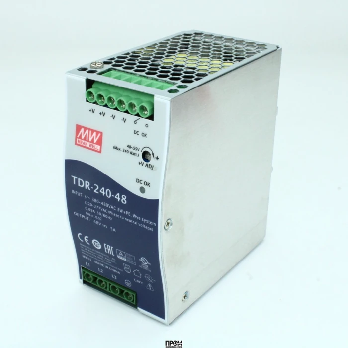 TDR-240-48, AC-DC, 240Вт, ККМ, 3-х фазный, вход 340…550В AC, 47…63/480…780В DC, выход 48В/50A, рег. вых 24…28В, изоляция 3000В AC, в кожухе на DIN-рейку 63х125.2х113.5мм, -30…+70°С