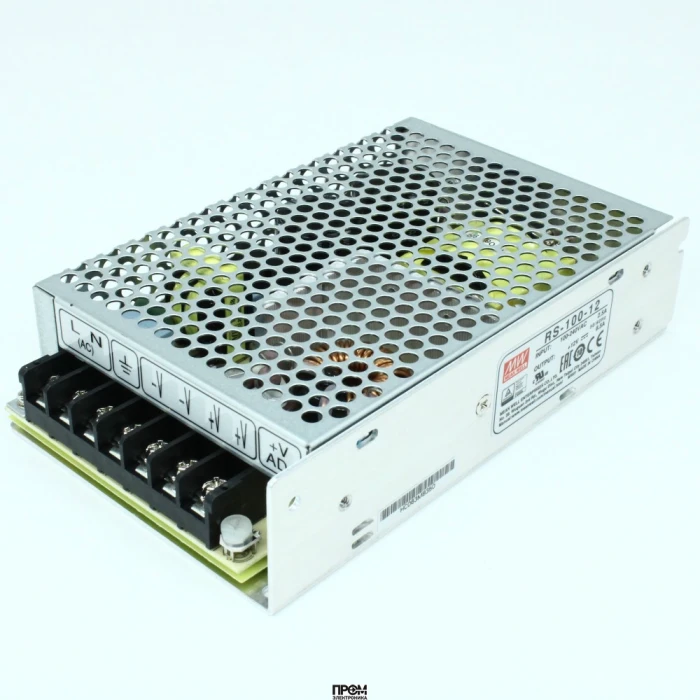 RS-100-12, AC/DC, 100Вт, выход 12В/8.5A, рег. вых 11.4…13.2 В , вход 88…264В AC, 47…63Гц / 125…373 В DC, изоляция 3000В AC, в кожухе 159х97х38мм, -20…+70°С