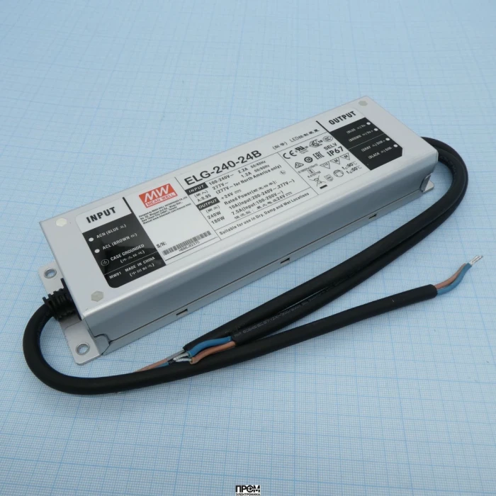 ELG-240-24B, AC-DC, 240Вт, IP67, вход 100…305В AC, 47…63Гц/142…431В DC, ККМ, выход 12...24В/10А, изоляция 3750В AC, в кожухе 244х71х37.5мм, -40…+85°С (корпус), димминг 3 в 1
