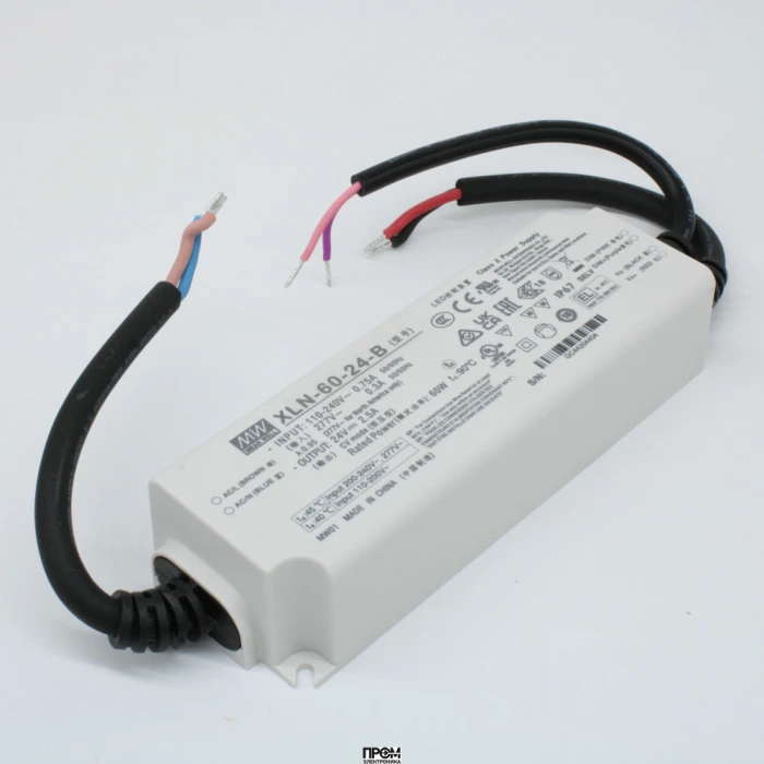 XLN-60-24-B, AC-DC LED-драйвер, CV, 60Вт, вход 100…305В AC, 47…63Гц, выход 24В/2.5А, изоляция 3750В AC, димминг 3 в 1, IP67, 141.5х49х32мм, -25…+90°С