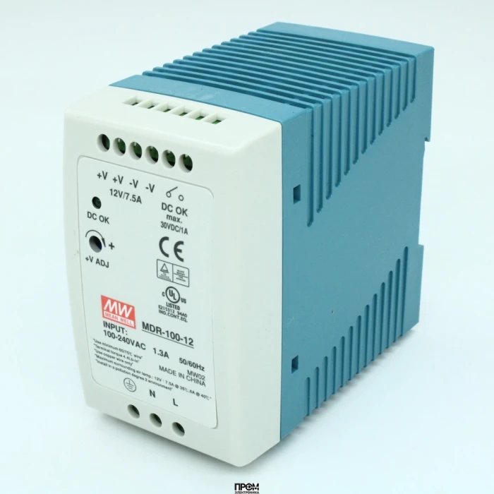 MDR-100-12, Преобразователь AC-DC на DIN-рейку 100Вт, выход 12В/8A, рег. вых 12…15В, вход 85…264V AC, 47…63Гц /120…370В DC, изоляция 3000В AC, в кожухе 55х90х100мм, -10…+60°С.