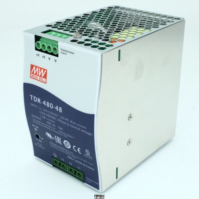 TDR-480-48, AC-DC, 480Вт, ККМ, 3-х фазный, вход 340…550В AC, 47…63/480…780В DC, выход 48В/10A, рег. вых 24...28В, изоляция 3000В AC, в кожухе на DIN-рейку 85.5х125.2х128.5мм, -30…+70°С