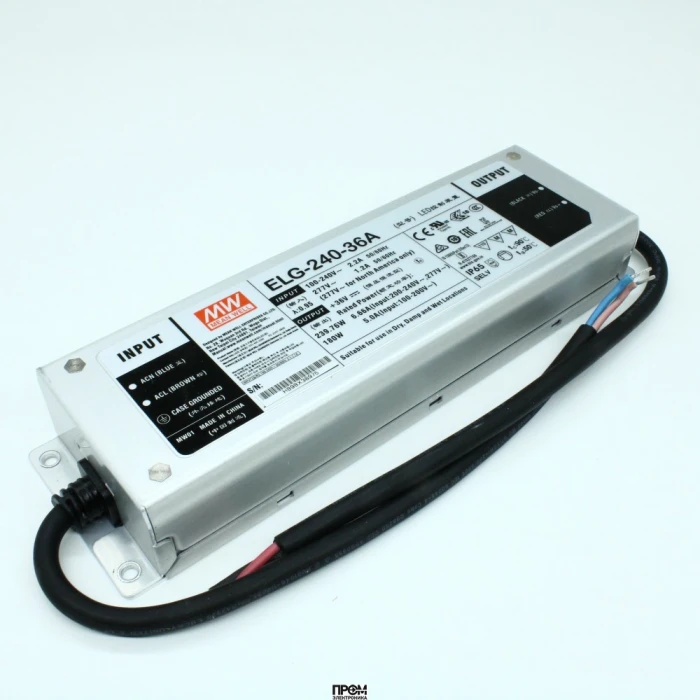 ELG-240-36A, AC-DC, 239.8Вт, IP65, вход 100…305В AC, 47…63Гц/142…431В DC, ККМ, выход 18...36В/6.66А, изоляция 3750В AC, в кожухе 244х71х37.5мм, -40…+85°С (корпус), потенциометры, провод заземления