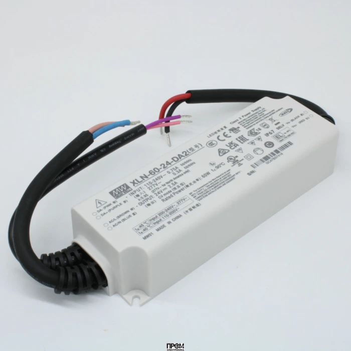 XLN-60-24-DA2, AC-DC LED-драйвер, CV, 60Вт, вход 100…305В AC, 47…63Гц, выход 24В/2.5А, изоляция 3750В AC, DALI-2, IP67, 141.5х49х32мм, -25…+90°С