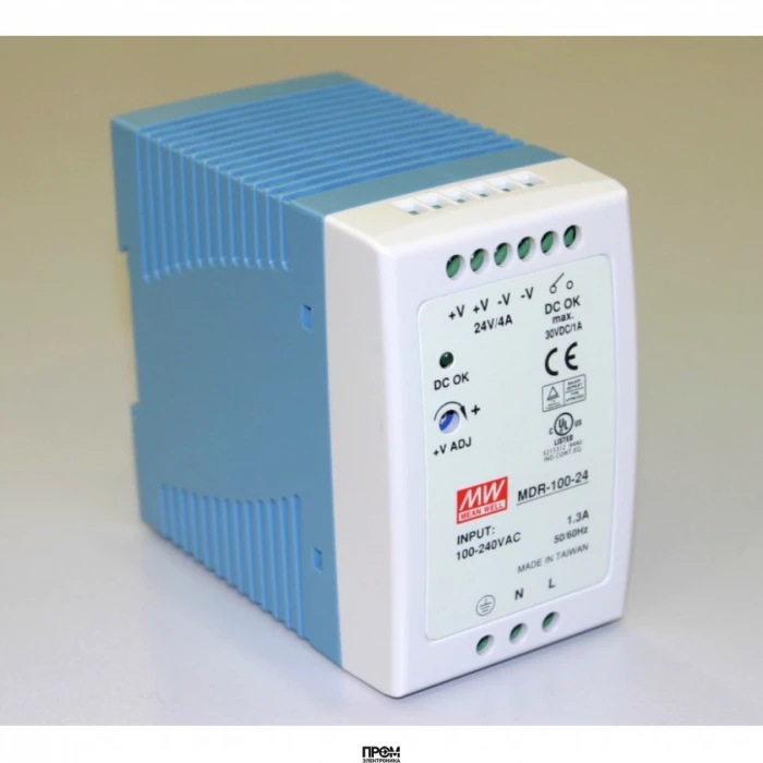 MDR-100-24, Преобразователь AC-DC на DIN-рейку 100Вт, выход 24В/4A, рег. вых 24…30В, вход 85…264V AC, 47…63Гц /120…370В DC, изоляция 3000В AC, в кожухе 55х90х100мм, -10…+60°С.