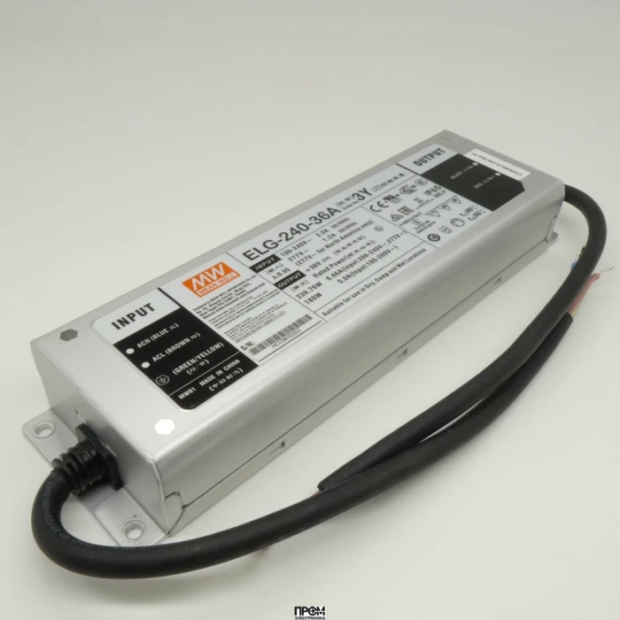 ELG-240-36A-3Y, AC-DC, 239.8Вт, IP65, вход 100…305В AC, 47…63Гц/142…431В DC, ККМ, выход 18...36В/6.66А, изоляция 3750В AC, в кожухе 244х71х37.5мм, -40…+85°С (корпус), потенциометры, провод заземления