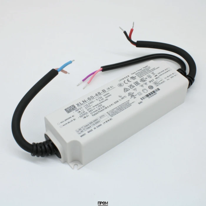 XLN-60-48-B, AC-DC LED-драйвер, CV, 60Вт, вход 100…305В AC, 47…63Гц, выход 48В/1.25А, изоляция 3750В AC, димминг 3 в 1, IP67, 141.5х49х32мм, -25…+90°С