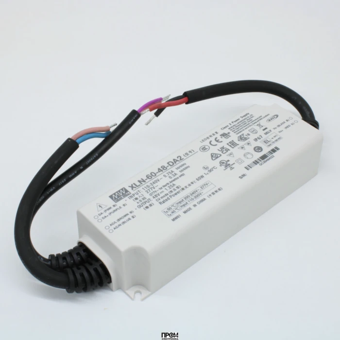 XLN-60-48-DA2, AC-DC LED-драйвер, CV, 60Вт, вход 100…305В AC, 47…63Гц, выход 48В/1.25А, изоляция 3750В AC, DALI-2, IP67, 141.5х49х32мм, -25…+90°С