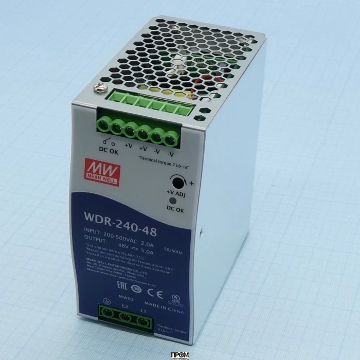 WDR-240-48, Преобразователь AC-DC на DIN-рейку 240Вт, вход 180…550V AC, 47…63Гц /254…780V DC, выход 48В/0…5A, рег. вых=48…55В, изоляция 3000В AC, в кожухе 63х125.2х113.5мм, -30…+70°