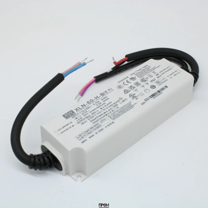 XLN-60-H-B, AC-DC LED-драйвер, CC, 40Вт, вход 100…305В AC, 47…63Гц, выход 1400 (900…1700/NFC)мА/9…54В, изоляция 3750В AC, димминг 3 в 1, IP67, 114х44х32мм, -25…+85°С