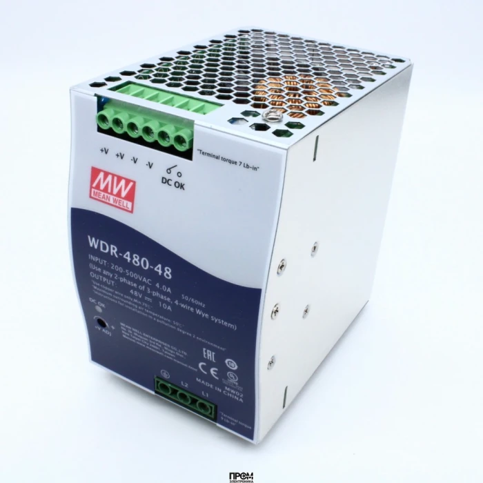 WDR-480-48, Преобразователь AC-DC на DIN-рейку 480Вт, вход 180…550V AC, 47…63Гц /254…780V DC, выход 48В/0…10A, рег. вых=48…55В, изоляция 3000В AC, в кожухе 85.5х125.2х128.5мм, -30…+70°С