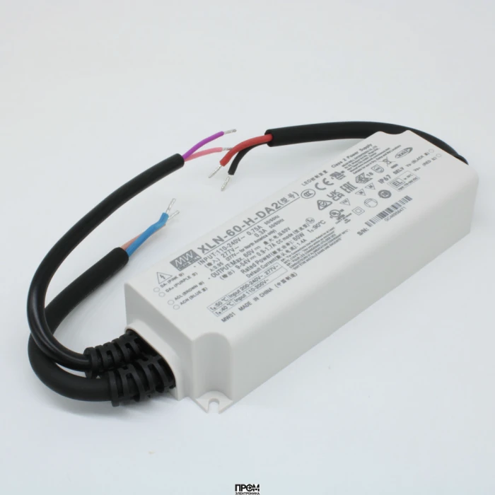 XLN-60-H-DA2, AC-DC LED-драйвер, CC, 40Вт, вход 100…305В AC, 47…63Гц, выход 1400 (900…1700/NFC)мА/9…54В, изоляция 3750В AC, DALI-2, IP67, 114х44х32мм, -25…+85°С