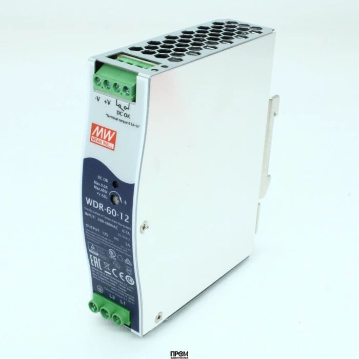 WDR-60-12, Преобразователь AC-DC на DIN-рейку 60Вт, выход 12В/0…5A, рег. вых=12…15В, вход 180…550V AC, 47…63Гц /254…780V DC, изоляция 3000В AC, в кожухе 32х125.2х102мм, -30…+85°С