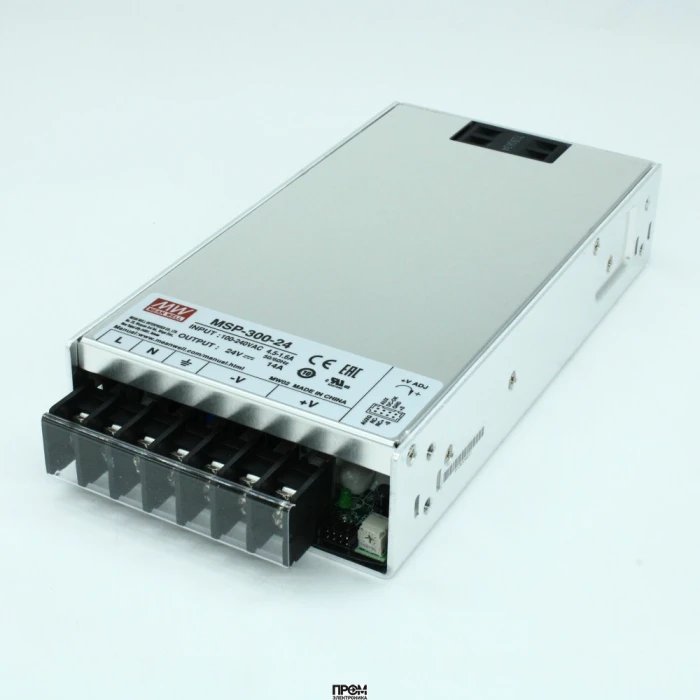 MSP-300-24, AC-DC, med, ККМ, 336Вт, вход 85…264В AC, 47…63Гц /120…370В DC, выход 24В/14A, рег. вых 21.6…28.8В, изоляция 4000В AC, в кожухе 199х105х41мм, -40…+70°С, доп. выход 5В/0.3А