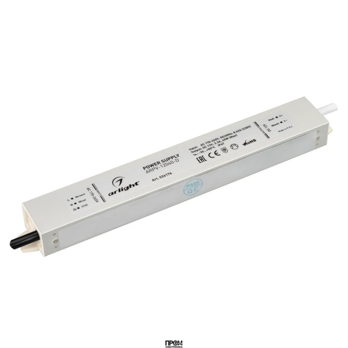 Блок питания ARPV-12040-D (12V, 3.3A, 40W) 026176, Источник напряжения с гальванической развязкой для светодиодных изделий. Входное напряжение 170-265 VAC. Выходные параметры: 12 В, 3,3 А, 40 Вт. Встроенный PFC >0,5. Герметичный алюминиевый корпус IP 67.