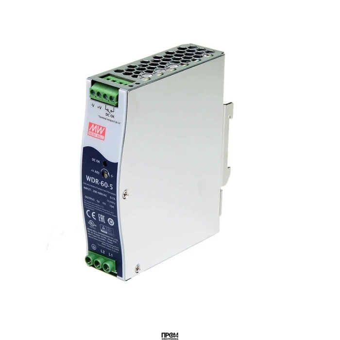 WDR-60-5, Преобразователь AC-DC на DIN-рейку 50Вт, выход 5В/0…10A, рег. вых=5…6В, вход 180…550V AC, 47…63Гц /254…780V DC, изоляция 3000В AC, в кожухе 32х125.2х102мм, -30…+85°С
