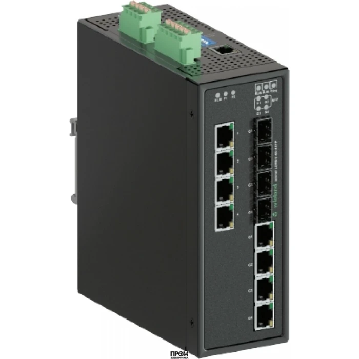 Коммутатор WIENET L2MS8-4G-4PoE-4, Коммутатор серии WieNet, управляемый, 4 порта RJ45 скорость передачи 10/100/1000 MBit/s, 4 SFP порта 100BASE-FX / 1000BASE-X, 4 порта PoE, номинальное напряжение: 9-48 VDC, монтаж: на DIN рейку, материал корпуса: алюмини