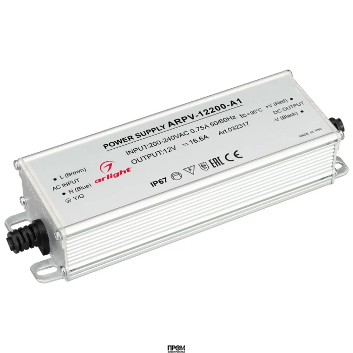 Блок питания ARPV-12200-A1 (12V, 16.6A, 200W) 032317, Источник напряжения с гальванической развязкой для светодиодных изделий. Входное напряжение 200-240 VAC. Выходные параметры: 12 В, 16,7 А, 200 Вт. Встроенный PFC >0,5. Герметичный алюминиевый корпус IP
