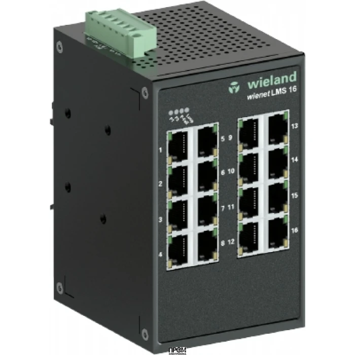 Коммутатор WIENET LMS 16-W, Коммутатор серии WieNet, неуправляемый, 16 портов RJ45 скорость передачи 10/100 MBit/s, номинальное напряжение: 8,4-52,8 VDC, монтаж: на DIN рейку, материал корпуса: алюминий