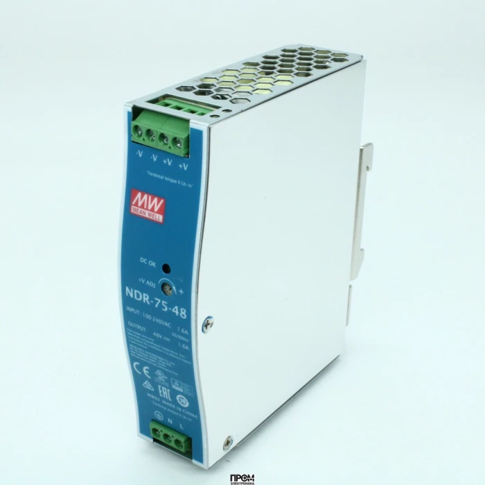 NDR-75-48, Преобразователь AC-DC на DIN-рейку 77Вт, вход 90…264V AC, 47…63Гц /127…370В DC, выход 48В/1.6A, рег. вых 48…55В, изоляция 3000В AC, в кожухе 32х125.2х102мм, -20…+60°С