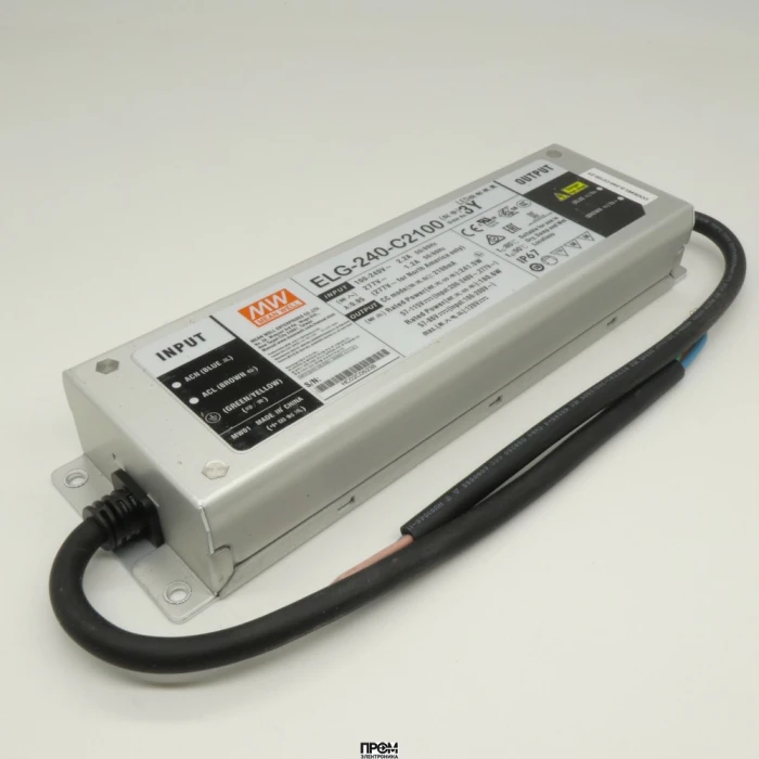 ELG-240-C2100-3Y, AC-DC, 241.5Вт, IP67, вход 100…305В AC, 47…63Гц/142…431В DC, ККМ, выход 57...115В/2100мА, изоляция 3750В AC, в кожухе 244х71х37.5, -40…+85°С (корпус), с проводом заземления