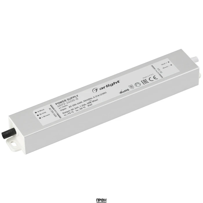 Блок питания ARPV-24030-B (24V, 1.3A, 30W) 020004, Источник напряжения с гальванической развязкой для светодиодных изделий. Входное напряжение 200-240 VAC. Выходные параметры: 24 В, 1,25 А, 30 Вт. Встроенный PFC >0,5. Герметичный алюминиевый корпус IP 67.