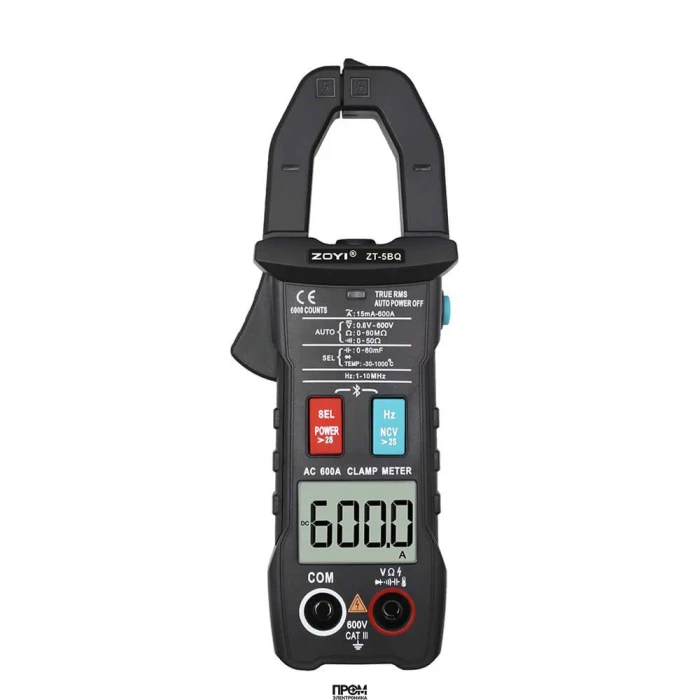 ZT-5BQ, Токоизмерительные клещи, Bluetooth, True RMS, 600В, 600А, 40МОм, NCV, емкость, частота, температура, автоматический выбор типов и пределов измерения